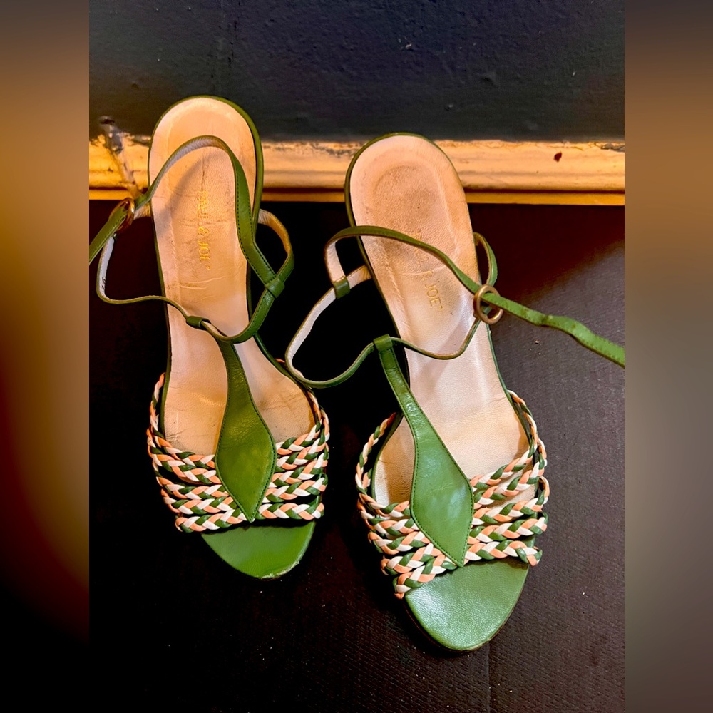 Paul & Joe braided green/white baby pink heel.